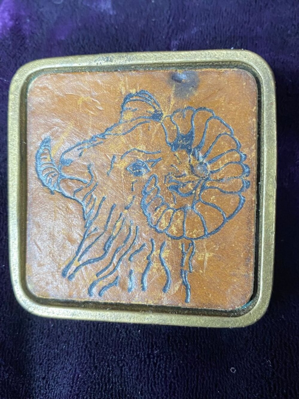 Vintage Leather Ram Longhorn BTS Solid Brass Belt Buckle 2" x 2"